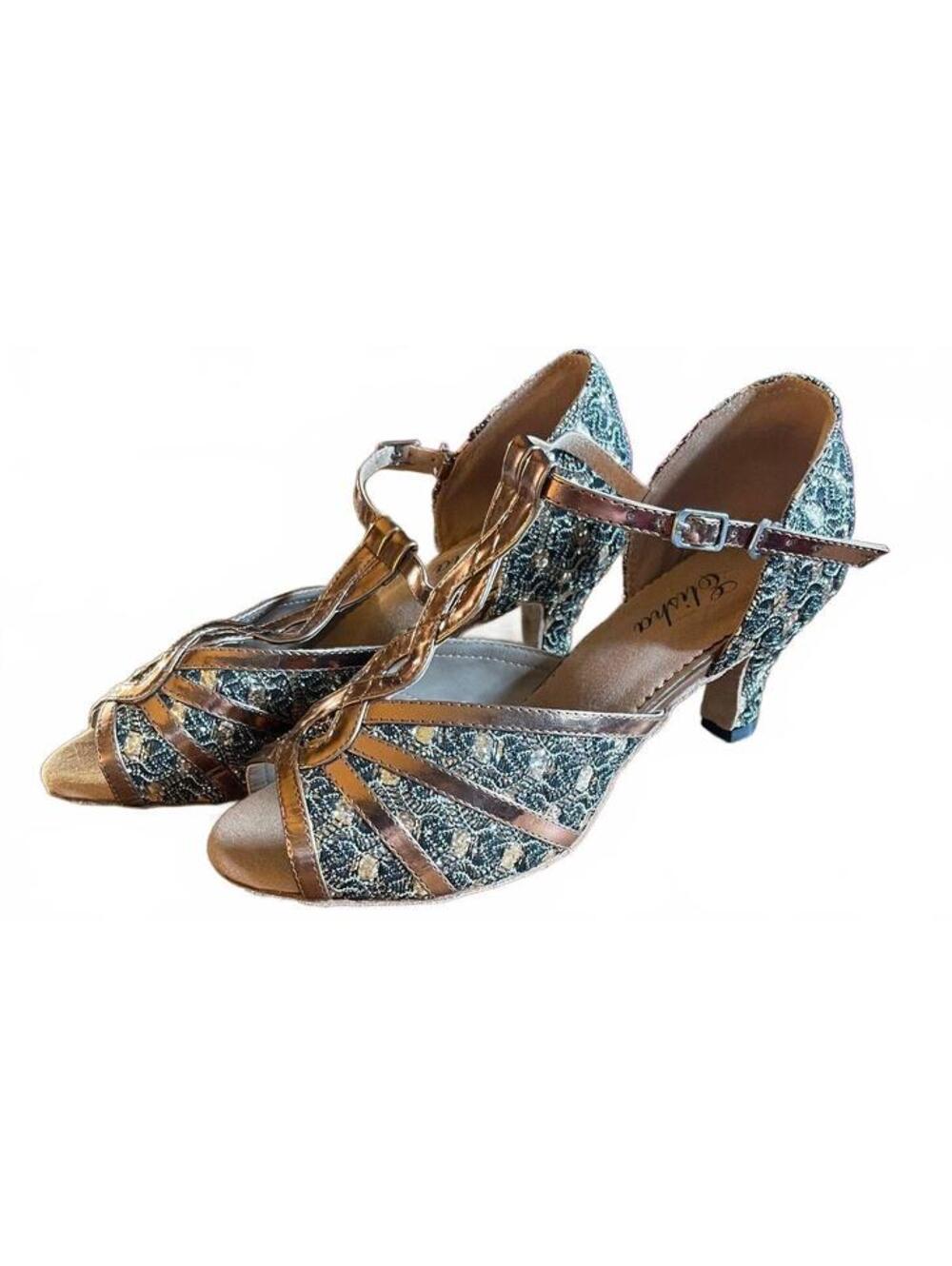 Elisha Women's Gold and Black Sequin T-Strap Ballroom/Latin Dance Shoes 9.5/10